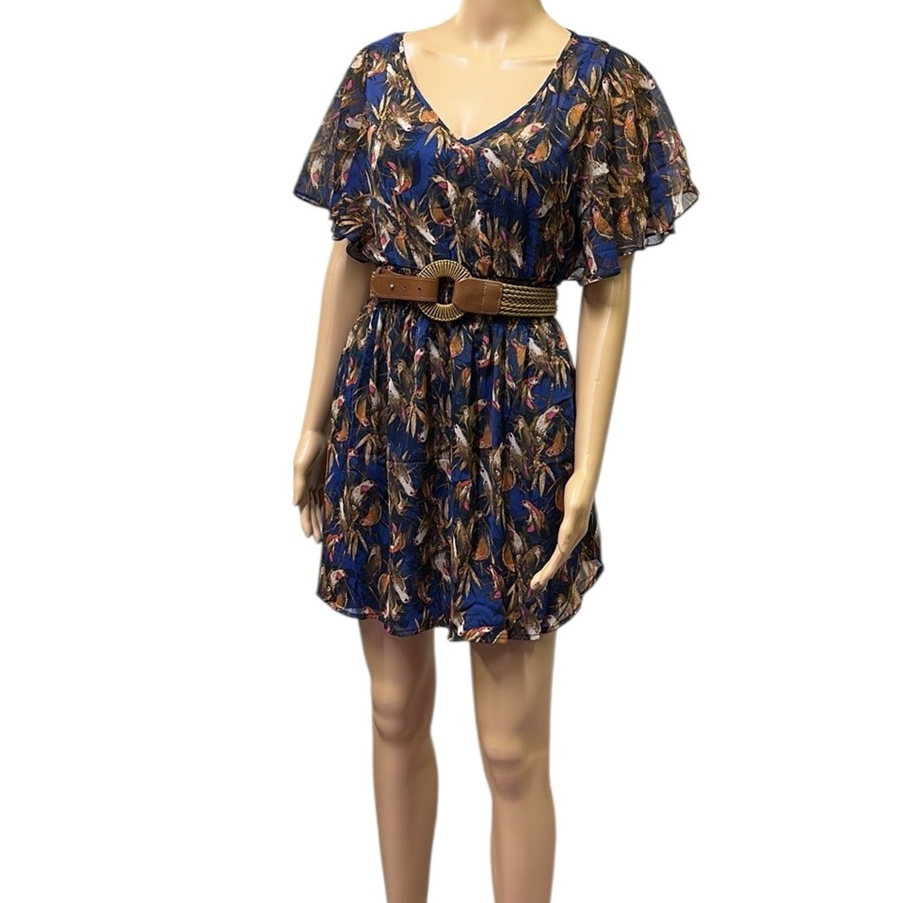 Charlotte Russe Blue Tan Pink Bird Print Belted V Neck Mini Dress Juniors Small